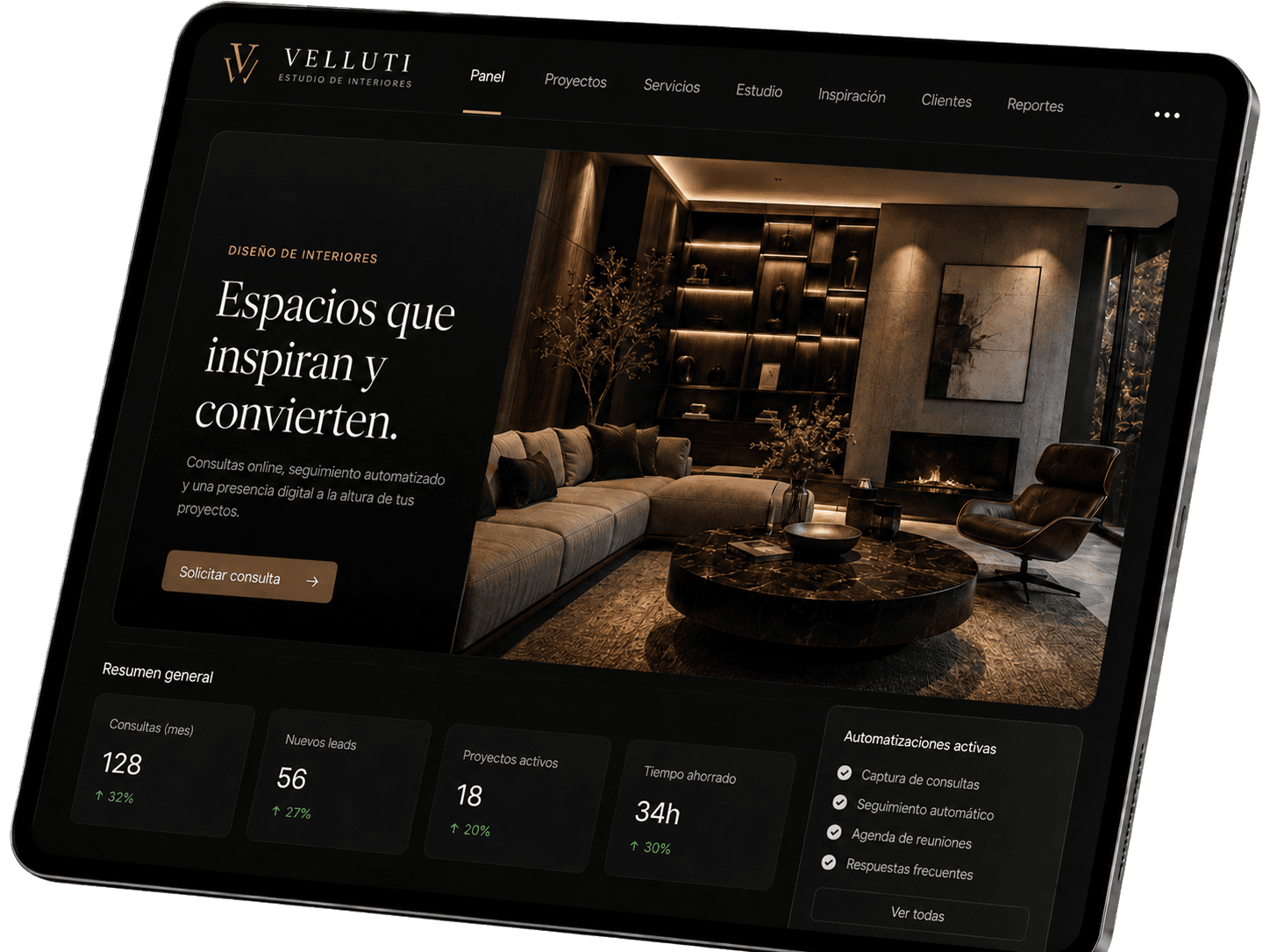 Panel de gestión para un estudio de interiores: consultas, proyectos activos y seguimiento automático en una tablet.