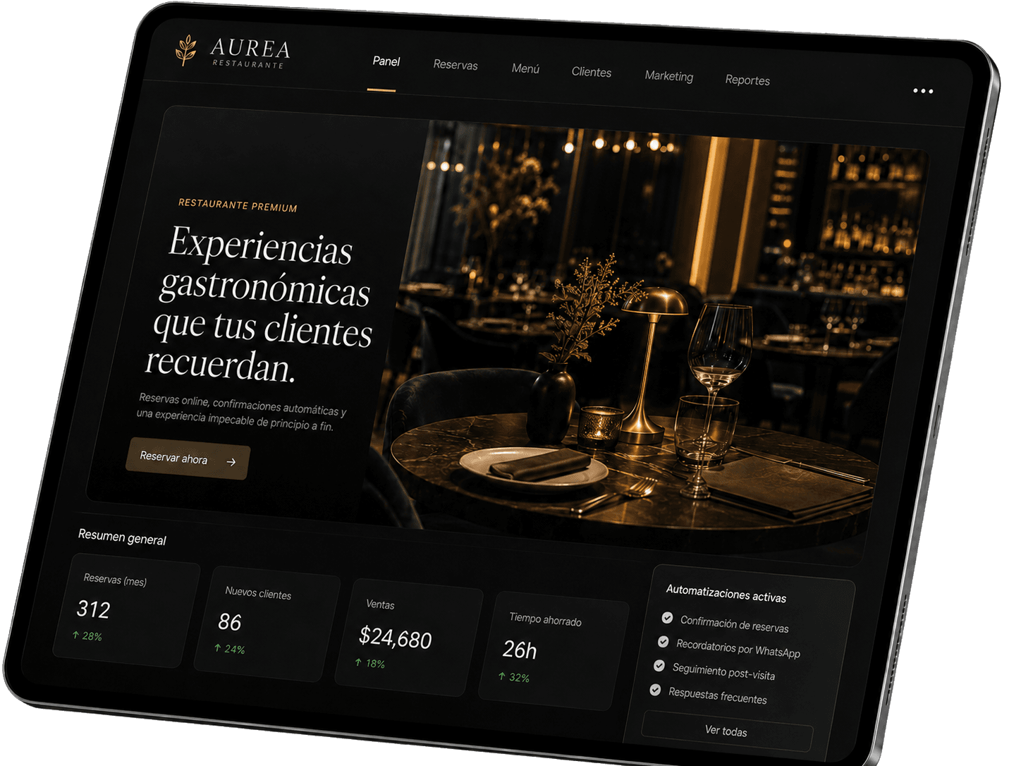Panel de gestión para un restaurante: reservas, ventas del mes y confirmaciones automáticas por WhatsApp en una tablet.