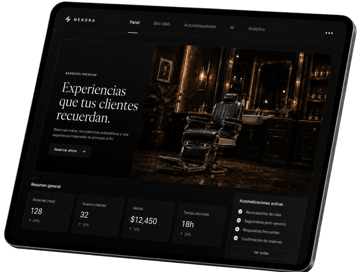 Panel de gestión Nexora para una barbería premium: reservas del mes, nuevos clientes y automatizaciones activas en una tablet.